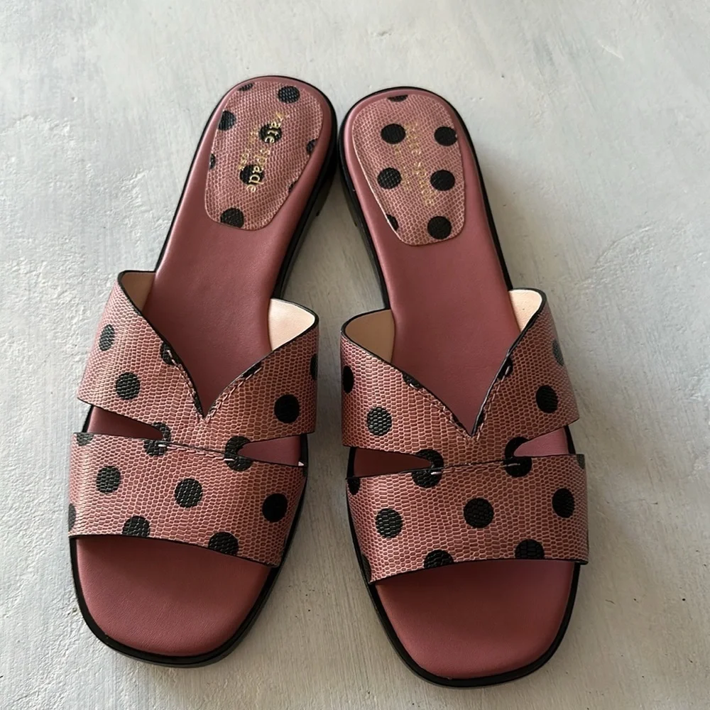 Kate Spade Dock Strappy Leather Slide Sandal Pink Black Dolka Dots Size 8 Summer